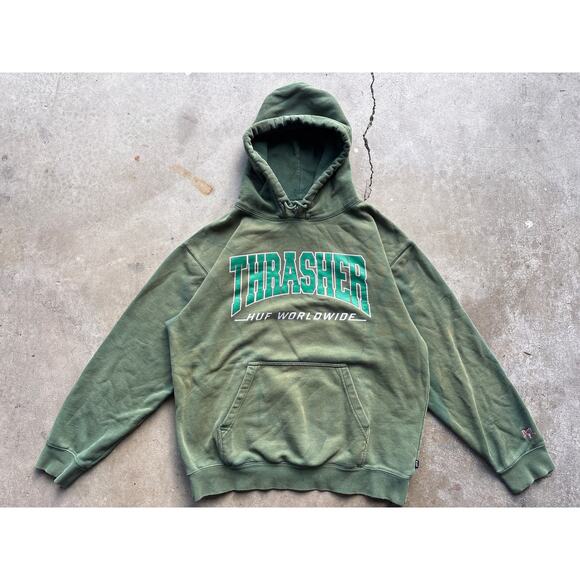 Thrasher Other - Thrasher X HUF worldwide Bleach dyed pentagram green grunge hoodie L